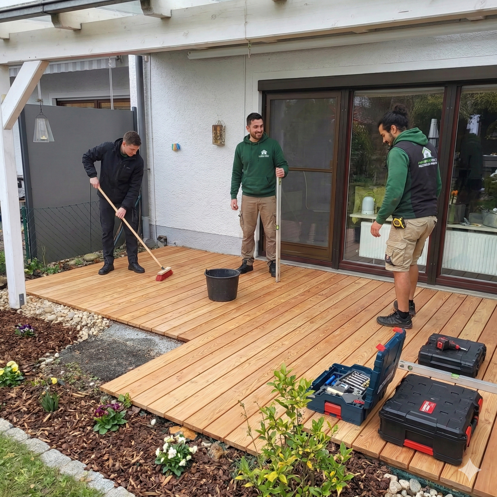 Professioneller Bau einer neuen Holzterrasse in München-Allach: Mehrere Arbeiter in Arbeitskleidung stehen auf den frisch verlegten Holzplanken und überprüfen die Ausrichtung. Im Hintergrund ist ein gepflegter Garten und die angrenzende Hauswand zu sehen. – Ein Beispiel für hochwertige Handwerksleistungen und Objektbetreuung des Hausmeisterservices Maximilian