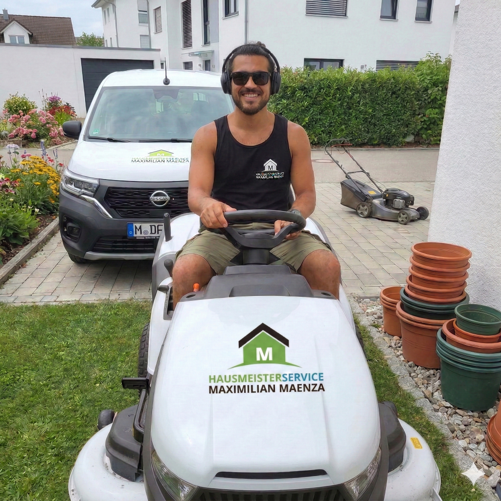 Professionelle Objektbetreuung in München-Untermenzing: Ein Hausmeister führt Gartenarbeiten mit einem weißen Aufsitzmäher in einer Wohnanlage aus. Im Hintergrund steht das Einsatzfahrzeug mit dem Logo des Hausmeisterservice Maximilian Maenza.